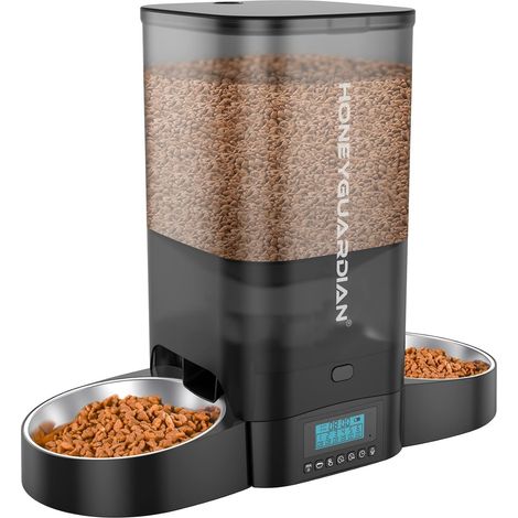 Automatic Cat Food Dispenser with 2 Cats, Uniform Distribution, 5L Programmable Kibble Dispenser with 2 Stainless Steel Bowls, 10s Voice Recording, 1-6 Meals/Day (1/5)
