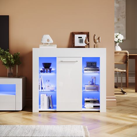 ELEGANT 83cm Display Cabinet Multicolour LED Lights Sideboard Living Room Cabinet with Slow Close Hinges Door White High Gloss (1/5)