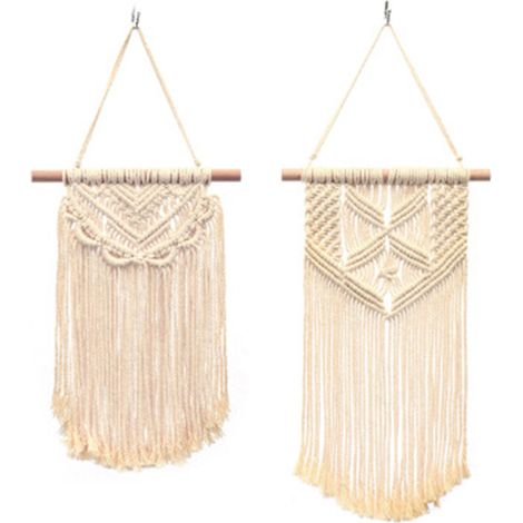 Tapisserie Murale Macrame - Cordon Coton Naturel - Barre Bois - Décoration Boho pour Chambre Salon Nursery - 2 Pièces (1/5)