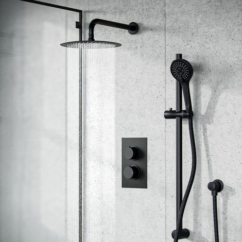 Temel Matt Black Rainfall Shower Head and Thermostatic Mixer Valve with Hand Held Set