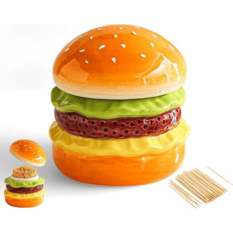 Porte-cure-dents en céramique en forme de hamburger mignon, contenant à cure-dents étanche antipoussière, décoration de table originale adaptée à la cuisine, salle à manger, restaurant et cadeaux (1/5)