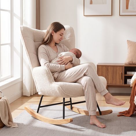 Rocking chair 68x75x92cm - Fauteuil à bascule scandinave avec pieds en Bois Massif - Velours Teddy - Beige (1/5)