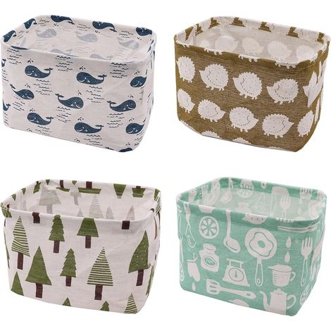 Lot de 4 paniers de rangement en tissu, petits paniers pliables en lin avec 2 poignées, idéaux pour le bureau et l'organisation de la maison, 16 x 21 x 13,5 cm (1/5)