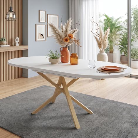 Modernluxe - Table à manger extensible 100/140x100 cm - Idéale pour 4 à 6 personnes - Plateau rond et piètement croisé - Blanc et Naturel (1/4)