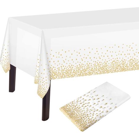 Nappe à Pois Blancs et dorés Nappe de Table Blanche et dorée 137 x 274 cm Nappe rectangulaire en Plastique pour décorations de Table d'anniversaire Blanches et dorées (1/5)
