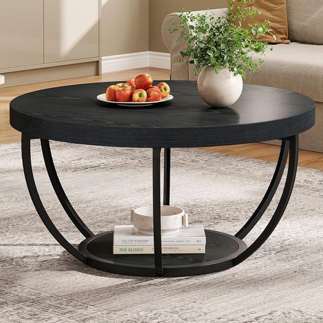 Tribesigns Runder schwarzer Couchtisch 80,5 cm, moderne runder 2-stufiger Couchtisch mit Ablagefächern, Beistelltisch für Wohnzimmer (1/5)