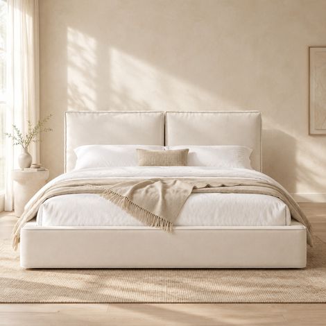 Cama doble 180x200 cm en tejido beige, con somier para dormitorio, sin colchón -FLORAGRACE (1/5)