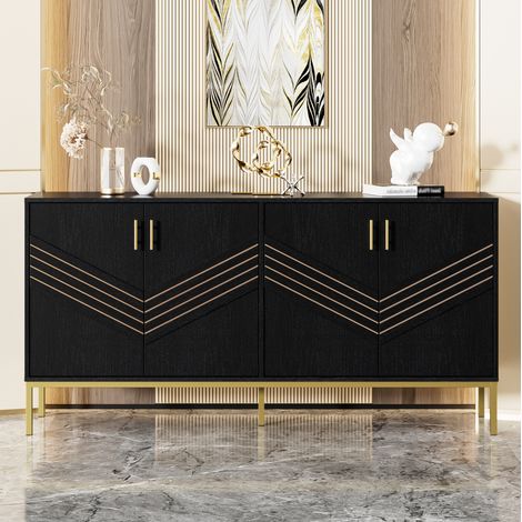 Buffet 160x40x80.5 cm noir et effet bois en MDF avec 4 portes et étagères réglables (1/5)