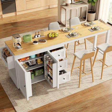 Mueble de cocina isla extensible 116-179,5 cm con 3 cajones y ruedas, blanco DESVIAE (1/5)