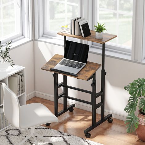 Table de cuisine réglable en hauteur avec étagère, bureau d’ordinateur brun rustique 60 x 60 x 70, roulettes, 5-120 cm (1/4)