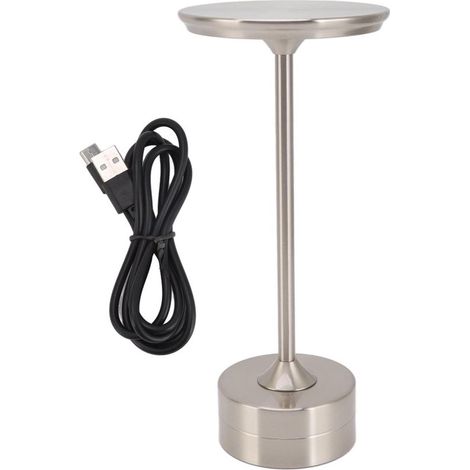 Lampada da tavolo portatile USB in metallo, ricaricabile con 3 livelli di luminosità, a LED, ideale per camera da letto, ristorante, bar all'aperto, colore argento. (1/5)
