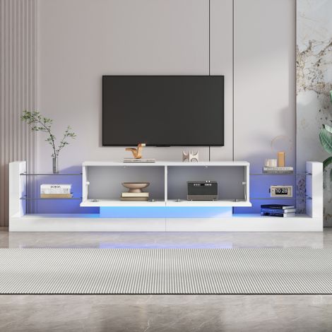 Mueble para TV blanco de 181 cm brillante con iluminación LED, frente de vidrio y dos cajones abatibles, 181x38x38 cm (1/5)