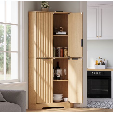 Mobile ad angolo 60x60x172 cm, con 4 ante, ripiani regolabili, design a onde, MDF, Natural (1/5)