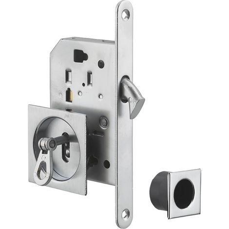Serratura a gancio per porta scorrevole, asse 50 mm, con chiave, rosette quadrate, nichelata – THIRARD