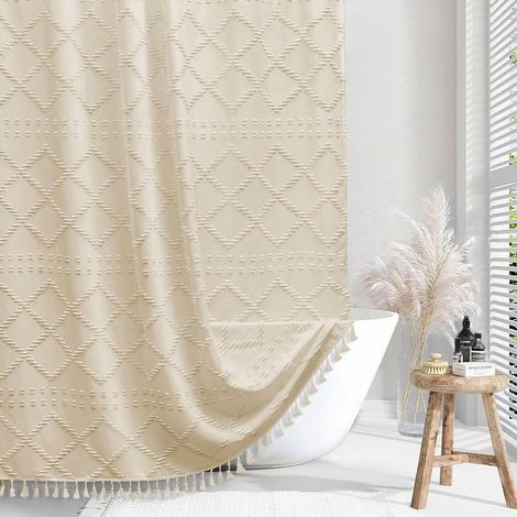 Rustikaler Duschvorhang im Bohème-Stil aus gewebtem Stoff – Moderner und minimalistischer Streifen-Duschvorhang – 183 x 183 cm – Strukturiertes und minimalistisches Chevron-Muster – Creme (1/5)