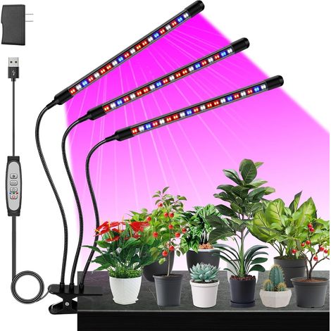 1 confezione di luci LED per la coltivazione, 120 LED, spettro completo per piante, 3 teste, 3 modalità colore (rosso, blu, bianco), 5 livelli di luminosità, timer, luci per la coltivazione di piante (1/5)
