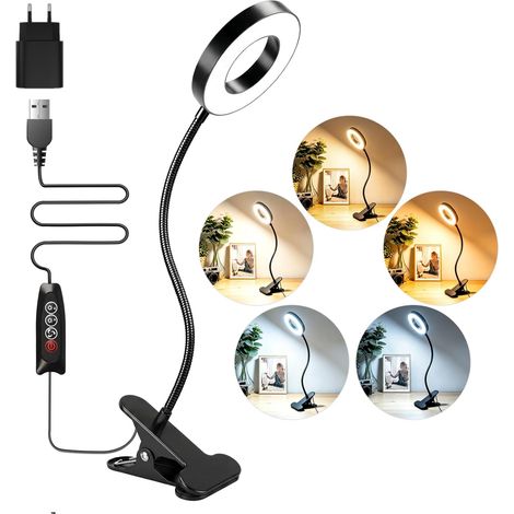 Akynite Lampe de Bureau Noire avec Pince et Timer, Adaptateur inclus, 5 Couleur 10 Intensite, LED (1/5)