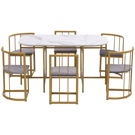 Jeu de table à six chaises:(Table blanche, chaises avec coulisses et rembourrage gris, caisse en fer doré),Jeu de table à six chaises et chaises
