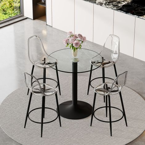 Ensemble bar modulable : table en verre de 89 cm + 4 tabourets de bar suspendus – spécialement conçu pour les cuisines ouvertes européennes. Structure en métal noir avec repose-pieds confortable.