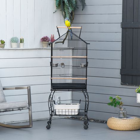 Cage Oiseaux Roues Support Plateau Amovible Mangeoires Perruches Canariennes 50x58x137-145 Animaux Compagnie Noir
