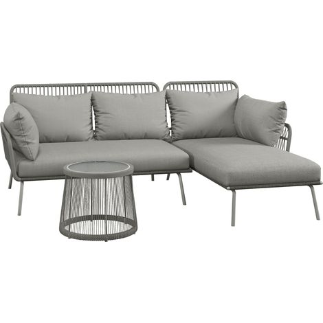 Set da Giardino in Rattan PE Stile Boho, Divano 2 Posti con Chaise Longue e Tavolino, Grigio Chiaro