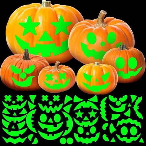 Autocollants citrouille d'Halloween phosphorescents, autocollants visage de citrouille phosphorescents, autocollants verts, 4 feuilles (1/4)