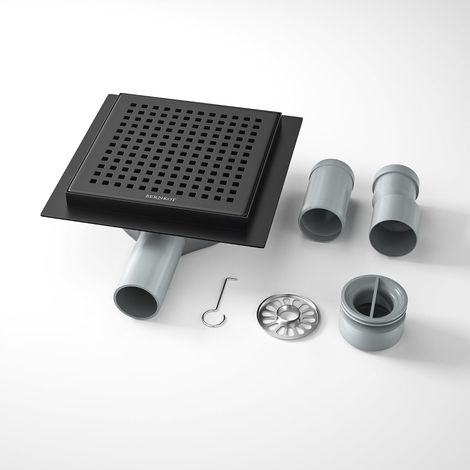Stainless Steel Square Shower Channel, 15 x 15 cm, with 360° Siphon and Hair Filter, 2 Drain Adapters DN50 DN40, Flat Drain, Black (1/5)