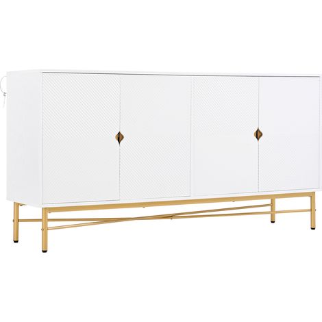 Aparador con textura en relieve 160 cm, 4 puertas, blanco, tiradores y patas dorados (1/5)
