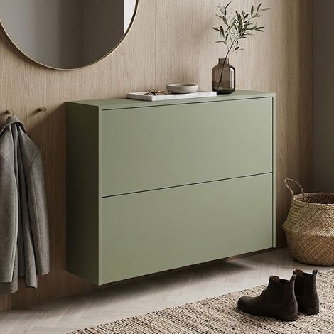 Meuble d'entrée 2 portes 99x27x74 cm vert olive et naturel - AMKY (1/5)