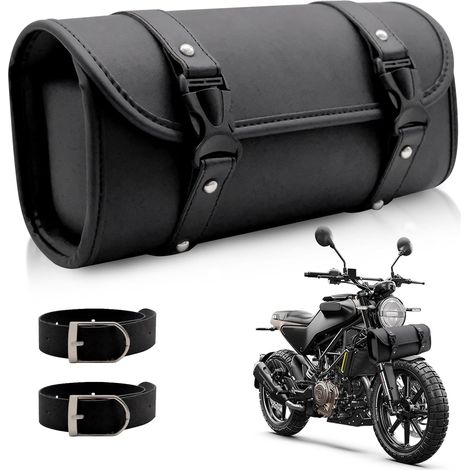 Sac Lateral pour Moto en Cuir PU Noir – Sacoche Étanche Résistante aux Intempéries, avec 2 Sangles Réglables Compatible Fourche, Guidon et Cadre (Longueur 29.5cm, Pour Routières, Custom, Trail (1/5)