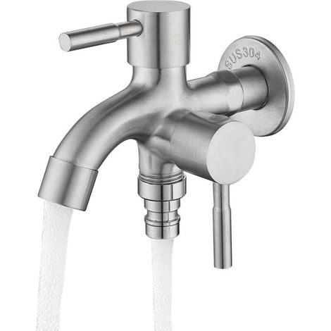Robinet de jardin à double sortie - 1/2 pouce - Robinet d'extérieur - Résistant à la rouille - Acier inoxydable - Convient pour le jardin, la maison et l'industrie (1/5)