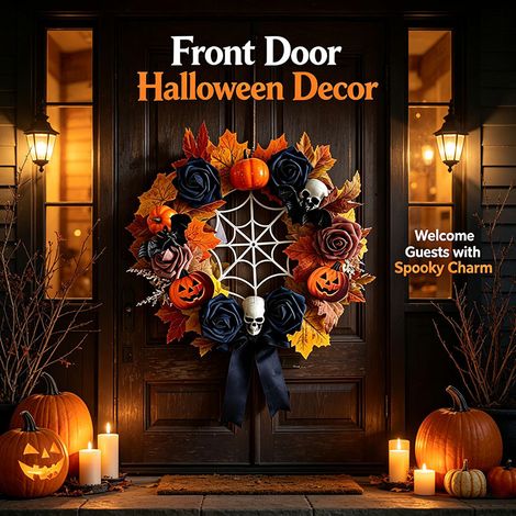 Halloween Türkranz 40x40 cm mit Schädel Kürbis Tannenzapfen und Blättern Party Deko (1/5)
