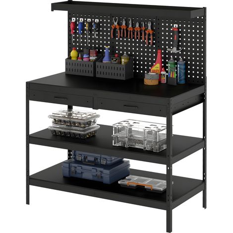 Schwarze Werkbank, 272 kg, 122 x 61 x 156 cm, Lochblech, 2 Schubladen, 2 verstellbare Einlegeböden