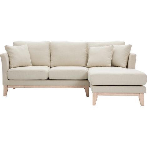 Divano angolare destro sfoderabile 4 posti in tessuto beige e legno chiaro OSLO