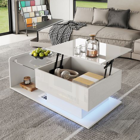 Höhenverstellbarer Couchtisch – LED-Beleuchtung – Glasplatte – Beistelltisch – Hochglanzlackiert – Weiß