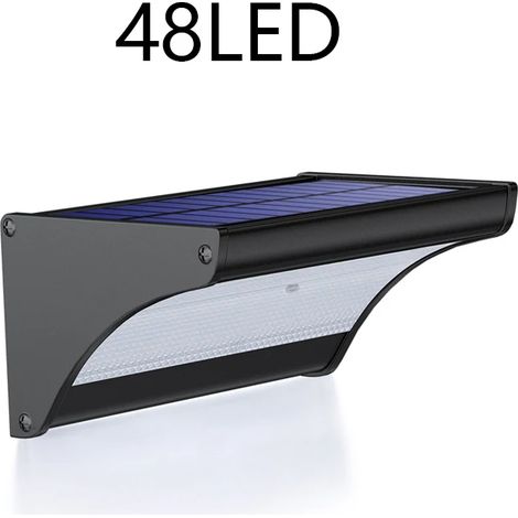 (Éclairage blanc - 48 LED - Noir) Appliques murales solaires pour jardin extérieur, lampe solaire avec capteur radar, éclairage de rue en aluminium, 6000 mAh, étanche. (1/5)