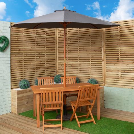 Outdoor 4 Person Rectangular Wooden Garden Dining Table Chairs with Grey Parasol and Base Set (1/5)