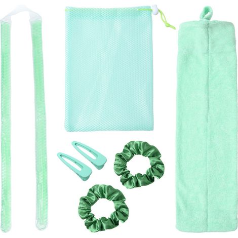 Kit de coiffage sans chaleur avec perles de gel, fer à friser, bigoudis de nuit, outils de coiffure DIY, élastiques, pinces et pochette de rangement pour cheveux mi-longs.