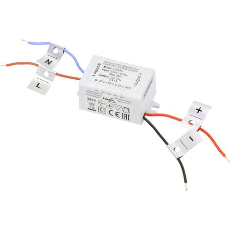 Alimentation LED 12V 5W – Tension de sortie 12V DC – Courant maximum 0,5A – Classe I – IP20 pour installations intérieures