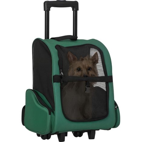 Sac à dos de transport 2 en 1 pour chiens et chats avec poches latérales, poignée télescopique et roulettes, 42 x 25 x 55 cm, vert
