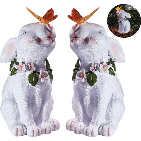 Statue de lapin avec lumières solaires changeantes en forme de papillon pour jardin ornement de pelouse cadeaux de jardinage 2 pièces (1/5)