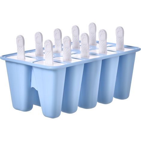 Bandeja de silicona para cubitos de hielo con asa extensible, tapa individual, 10 compartimentos, diseño azul. (1/5)