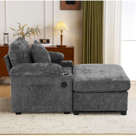 Poltrona relax 148x98x83 cm grigio scuro con portabicchieri e USB, tessuto ciniglia MEUBLIV (1/5)