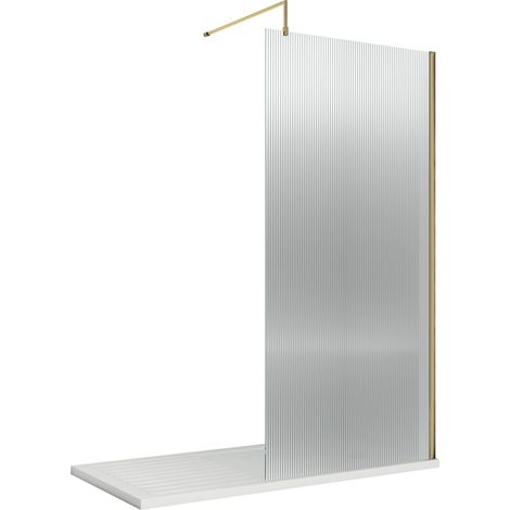 Balterley Shebdon 8mm Fluted Toughened Safety Glass Wetroom Screen with Support Bar: 1850mm x 900mm, Brushed Brass
