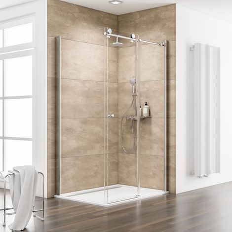 Porte de douche coulissante + paroi de retour fixe, verre 8 mm, profilé aspect chromé, MasterClass, Schulte, 120 x 80 x 200 cm (1/6)
