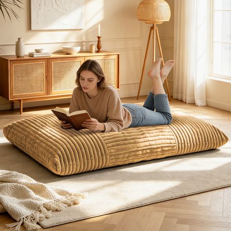 Fauteuil pouf convertible 50x40x26 cm en tissu côtelé jaune, 3 positions, petit espace – MEUBLIV (1/5)