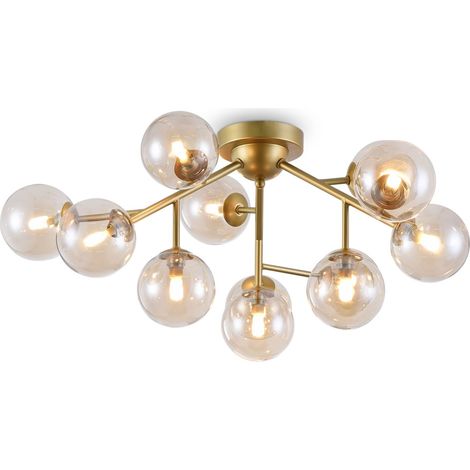 Plafonnier verre fumé métal G9 W: 60 cm en or ambre 12 lampes abat-jour sphérique moderne