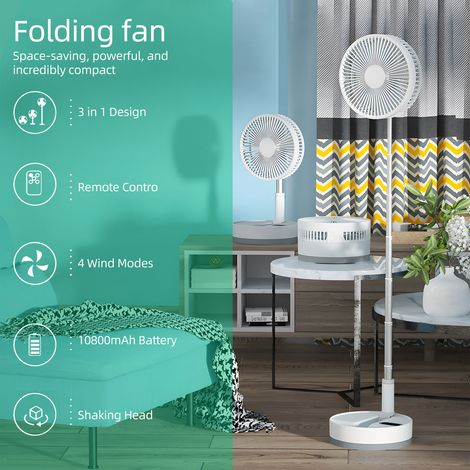Ventilatore portatile pieghevole e girevole da 9 pollici, batteria da 10800 mAh, porta Type-C, LED, colore nero/bianco, in ABS+alluminio, telescopico, con telecomando, 4 velocità e timer. (1/4)