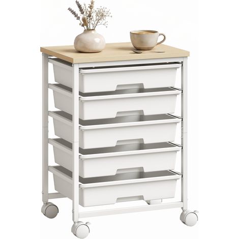 HOMCOM 6-Tier Storage Trolley on Wheels with 5 Pull-Out Drawers, White (1/5)