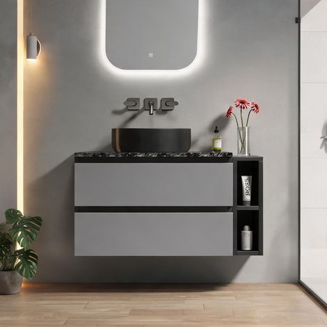Vasque à poser ronde en céramique avec meuble suspendu 80 cm (1/5)